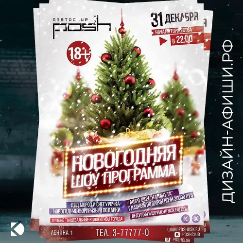 пример разработки дизайна новогоднего плаката в Новосибирске Новогодняя шоу программа, рестоклуб Posh, Новосибирск